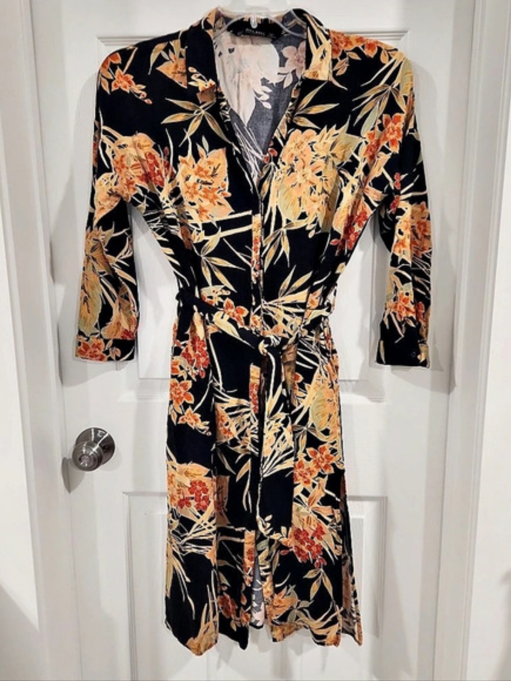 ZARA Basics Tropical Floral Leaf Print Shirt Dress Viscose Belted Size M Pockets